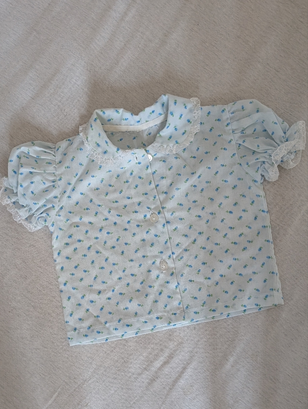 VINTAGE - Cottom Girls' Blue Floral Lace-Trim Button Front Top Cottagecore Blous